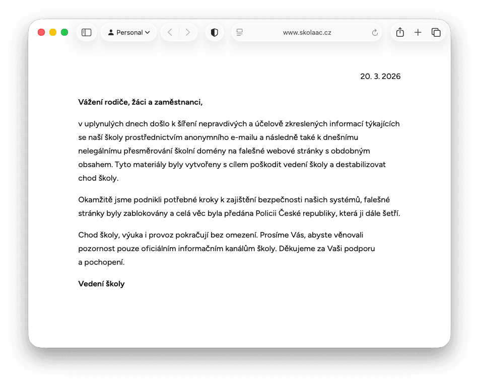 Prohlášení školy k aktuální situaci, které dočasně nahradilo web školy